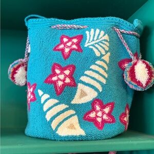 Wayuu Tribe Turquoise, Pink & Cream Seashell Embroidered Bucket Bag
